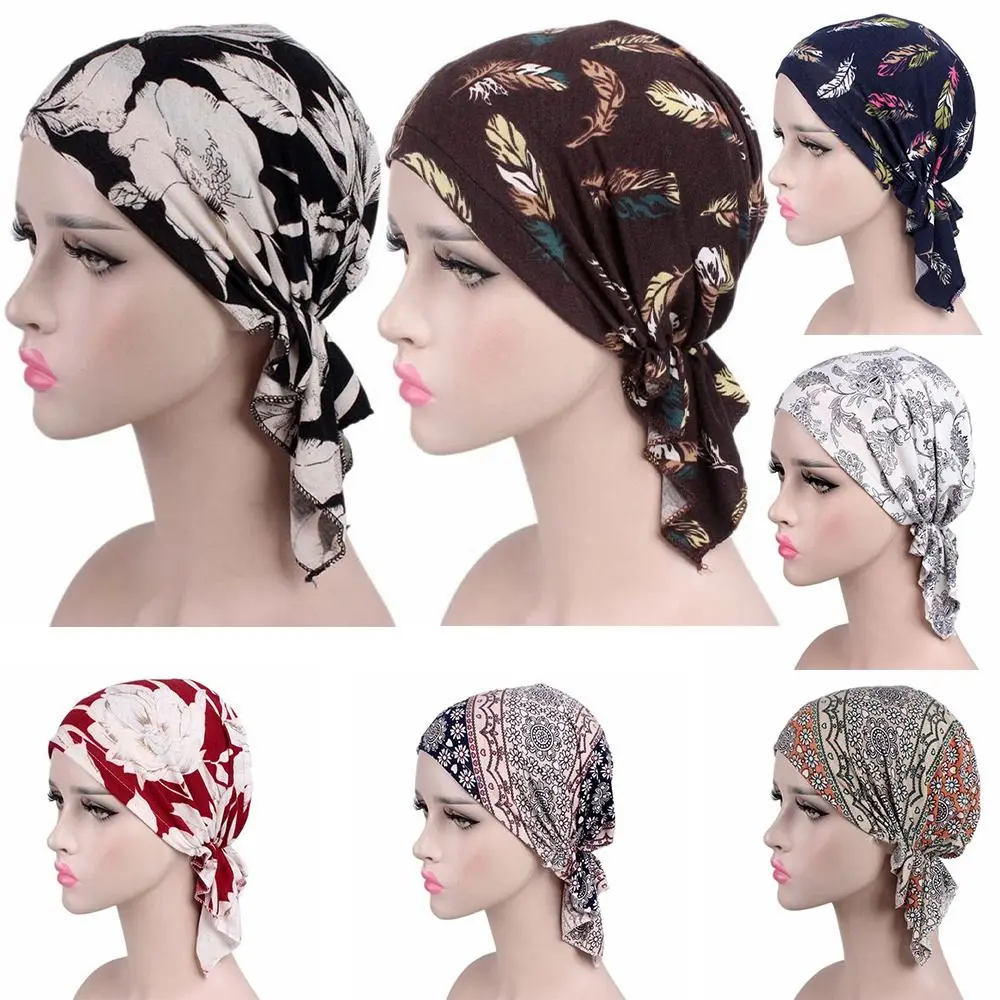 2023 Elastic Beanies Headwrap Sleep Caps Chemotherapy Hat Women National Wind Floral Print Turban Cotton Hat Bandana