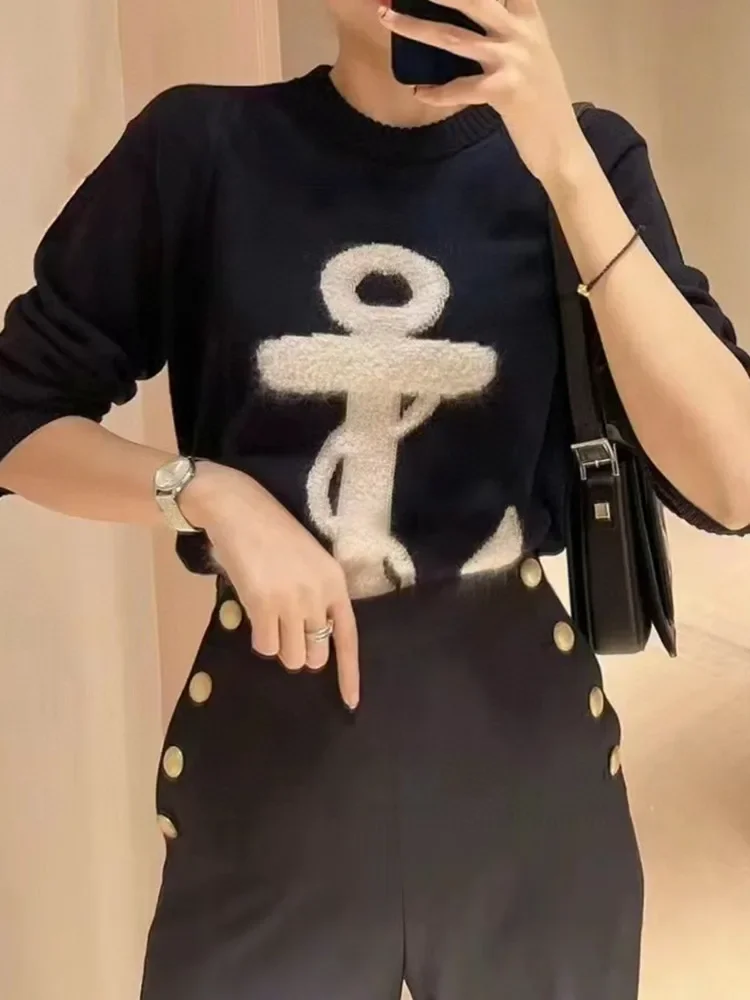 

Women's Sweater 2023 New Fall Winter 100% Cashmere Embroidery Anchor Round-Neck Slim Casual Long Sleeve Knitted Pullover