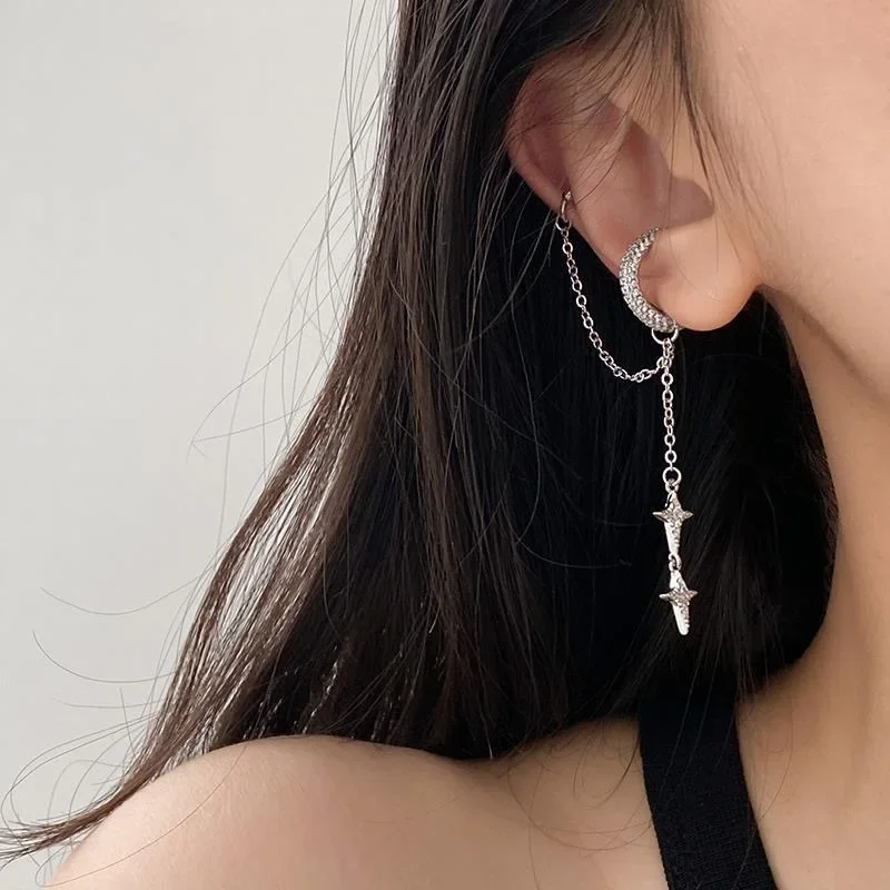 Ear Clip Earrings Silver Color Crystal Tassel Non-Piercing Cuff for Women Rhinestone Star
