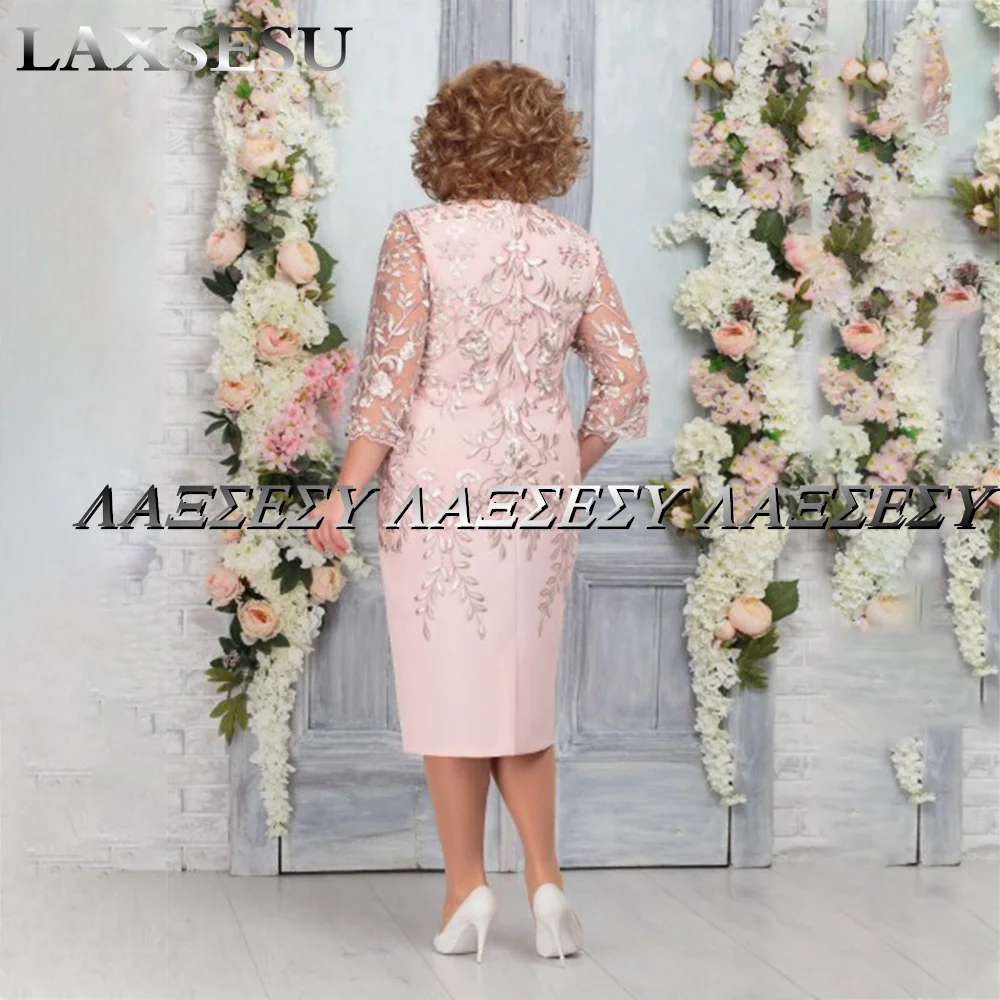 Mother Bride Dresses Furtanseo Pink Tea Length Appliques 4/3 Sleeves Sheer Neck Satin Plus Size