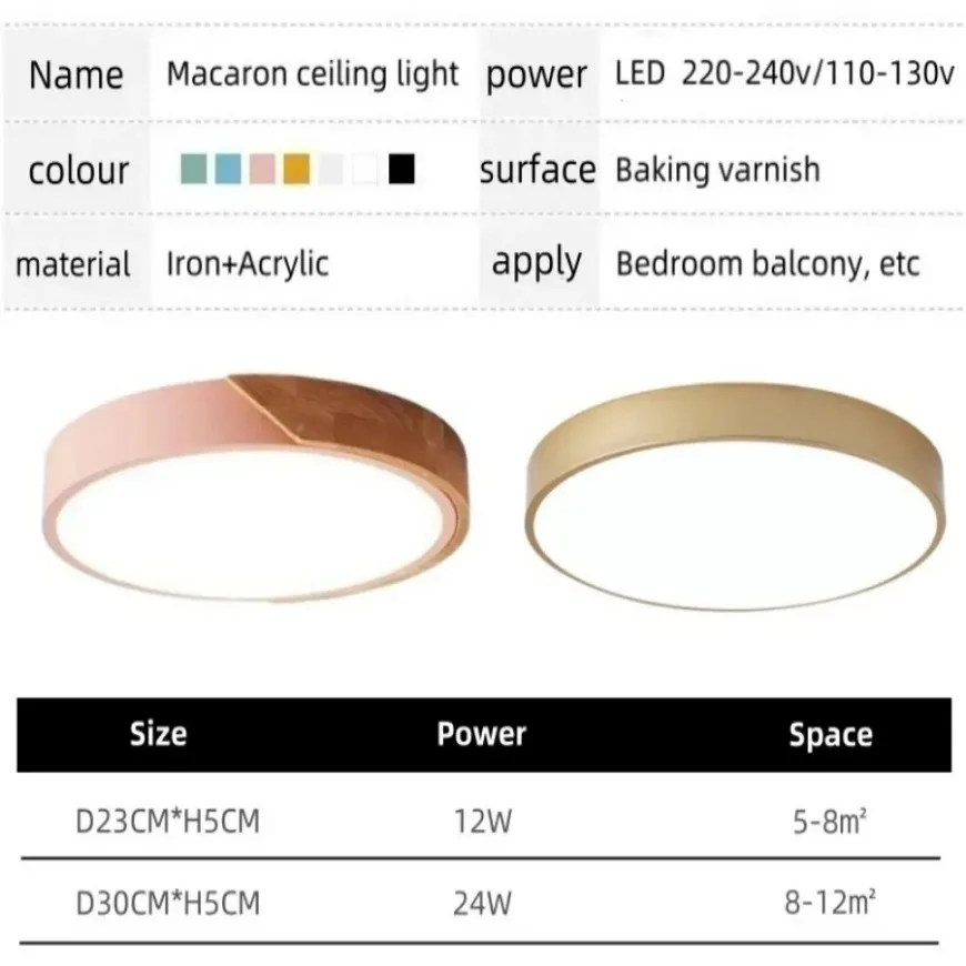 Macaron LED Ceiling Light Modern Simple Circular Wood Grain Ceiling Light Living Room Bedroom Balcony Indoor Decoration Light