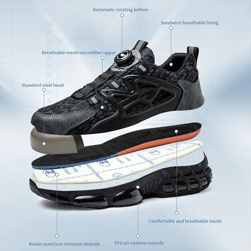 New 2023 Round Button Men Work Safety Shoes Indestructible Steel Toe Cap Sneakers Shock Absorption Anti Puncture Male Footwear