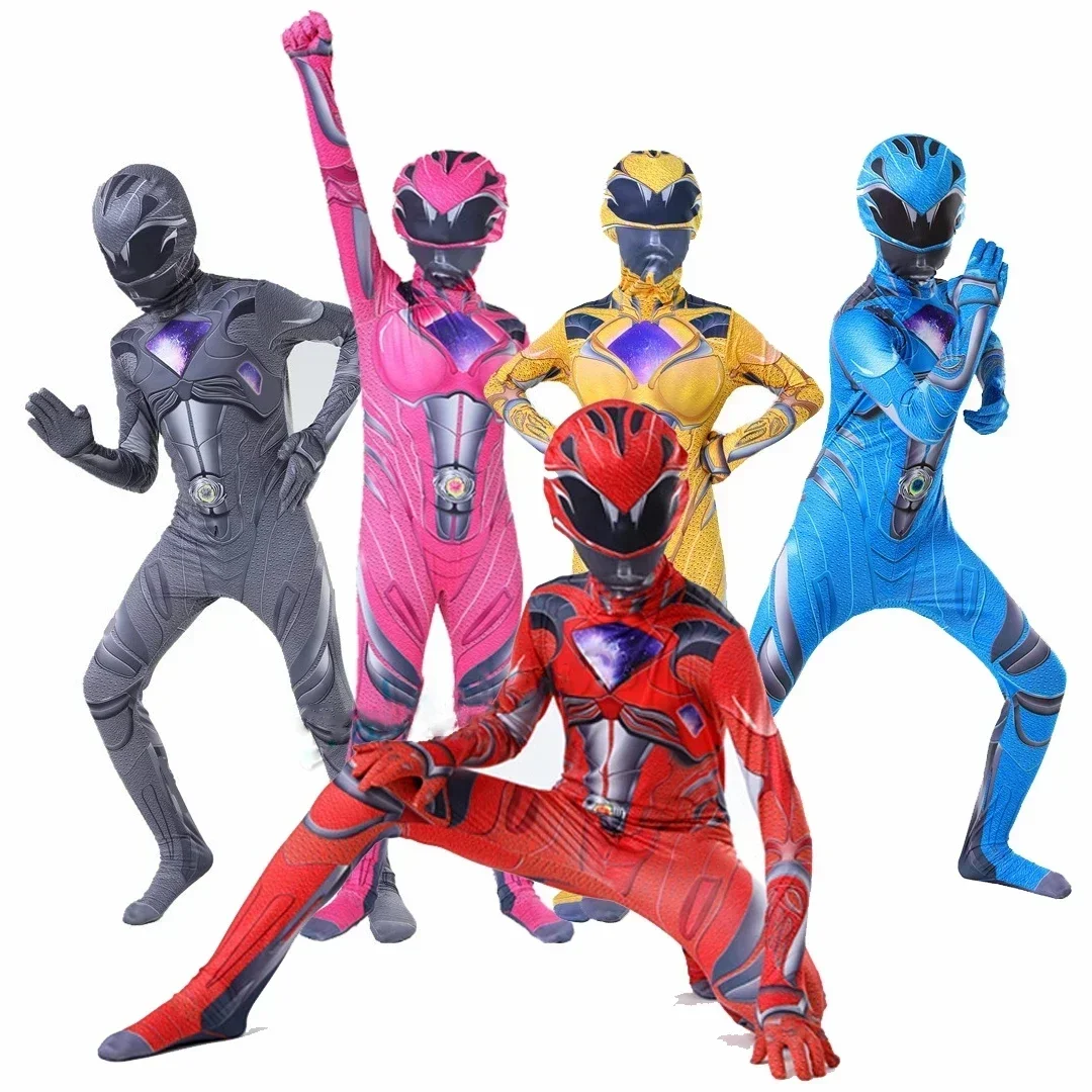 Fancy Kids Superhero Power Zentai Rangers Costume Cosplay Bambini Mecha Five Beast Tuta Halloween Carnival Clothes For Boys