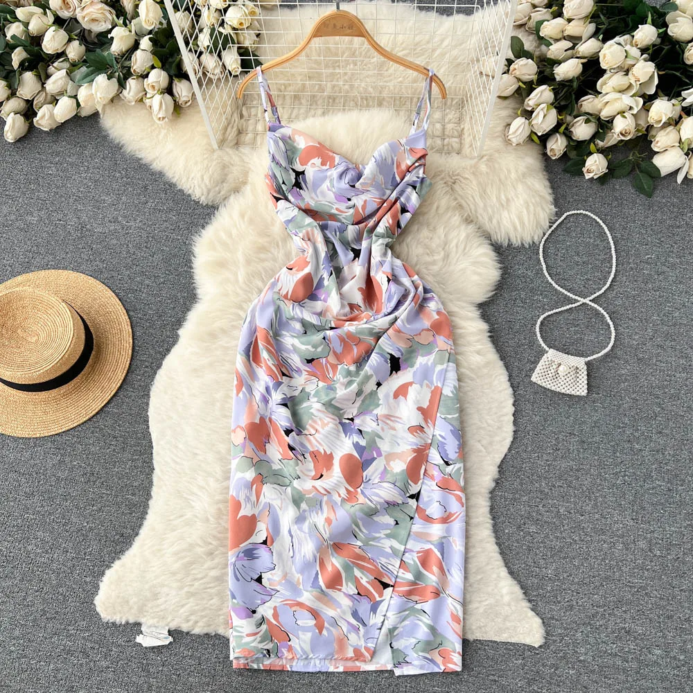 Estate Nuovo Design Retrò Senso Minoranza Tea Break Holiday Dress Bretella Stampata Floreale Split Slim Fit Vacation Sling Dress Girl