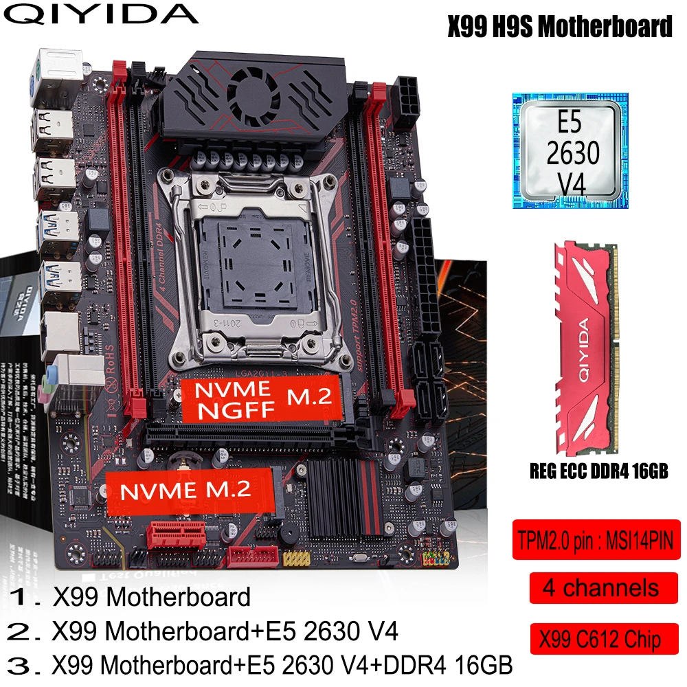 Kit de carte mère QIYIDA X99 H9S avec processeur Xeon E5 2630 V4 LGA2011-3, mémoire DDR4 16 Go REG ECC, interface M.2 TPM 2.0, 4 canaux