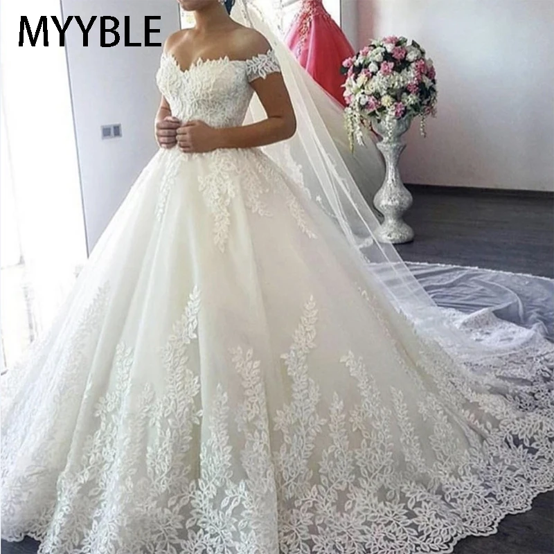 MYYBLE Branco Fora do Ombro Plus Size Vestido De Noiva 2023 Vestido de Noiva Trem Custom Made Plus Size Nupcial Tulle Mariage