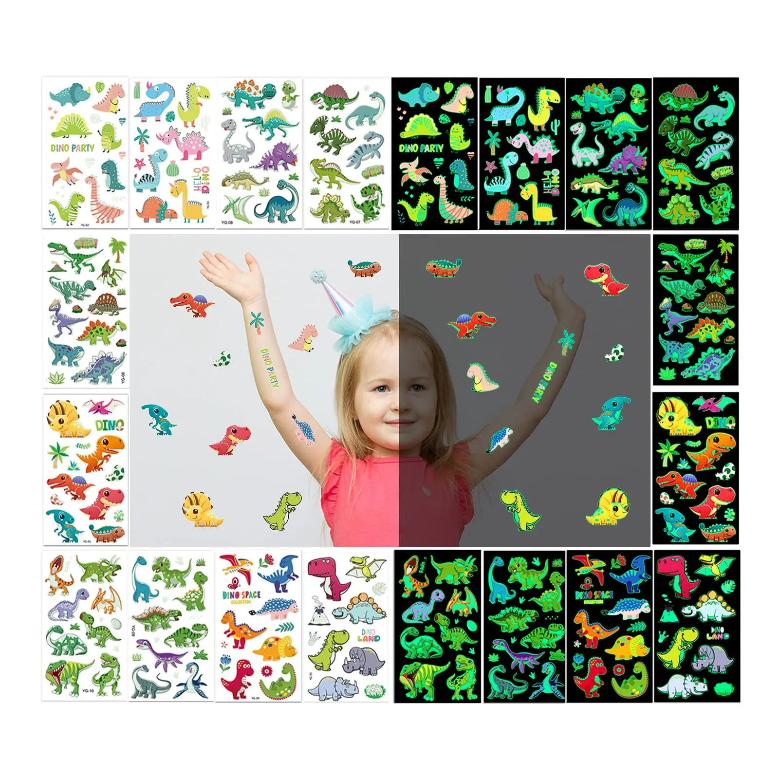 

5pcs Luminous Dinosaur Temporary Tattoos Cartoon Realistic Jurassic Dinosaur for Kids Dino Birthday Party Favors Gifts Goodies