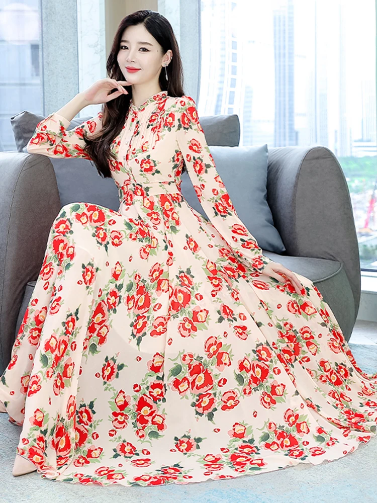 

Spring Women Clothing Dreeses Long Sleeve Casual Beach Midi Dress Elegant 2023 Chiffon Party Evening Korean Fashion Prom Floral