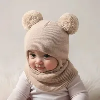 Chapeau une pièce à capuche pour enfants, équipé d'un dispositifs de protection des oreilles et du cou, pour la chaleur, bonnet tricoté à Double boule, 1 pièce/2 pièces 6