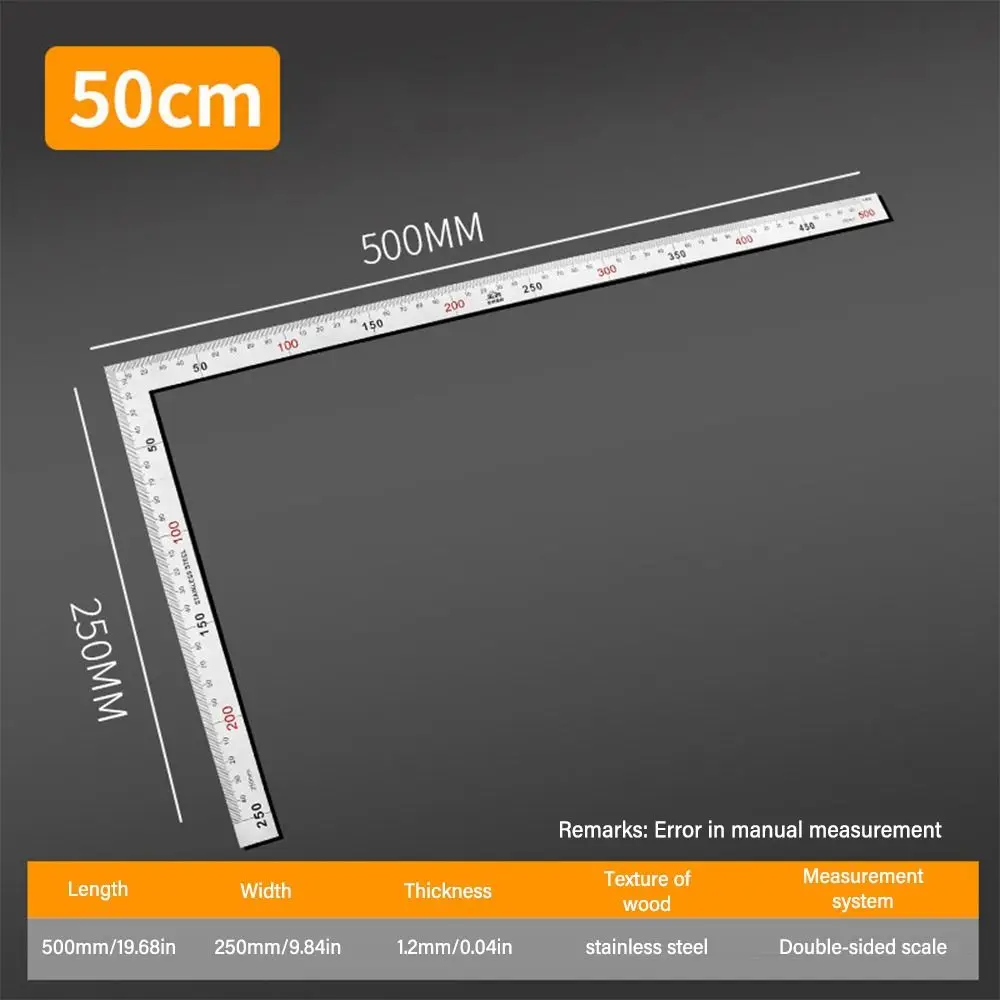 30/50CM Angle Square Ruler 90 Degree Right Angle Ruler Stainless Steel Triangle Woodworking measuring ruler