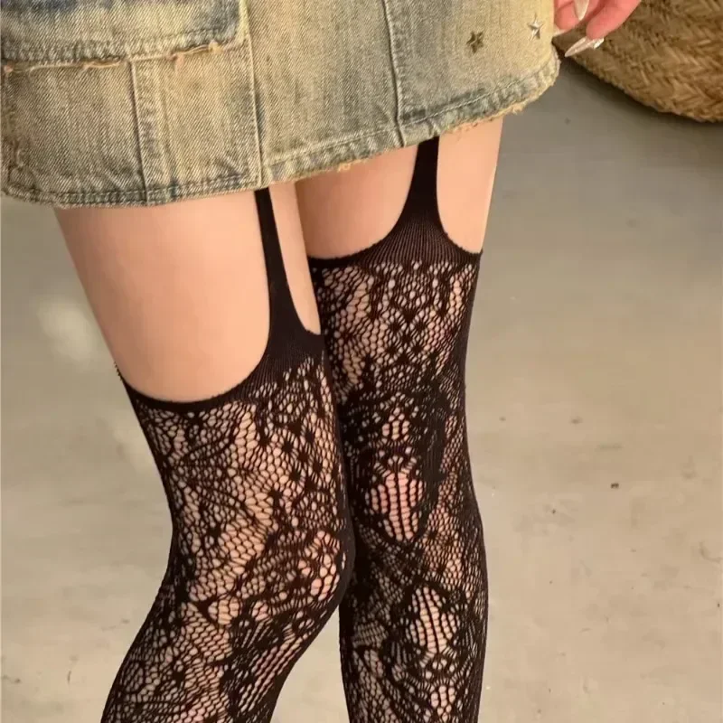 Sexy Women Sling Back Fishnet Stockings Lace Flower Suspenders Pantyhose Vintage Leggings Tights Lolita Party Lingerie Underwear