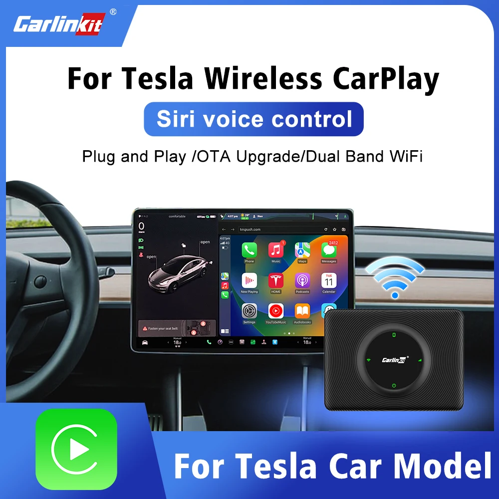 

CarlinKit Wireless CarPlay Dongle For Tesla Model 3 / X / Y / S Auto Connect 2.4+5.0G WiFi BT Siri Waze GPS YouTube Music Ai Box