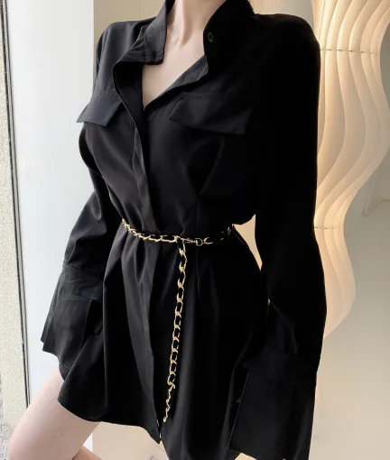 

2022 New Dress Korean Style Fashion Street Chain Belt Shirt Casual V-Neck Long Sleeve Autumn Sexy Solid Color Medium Dress