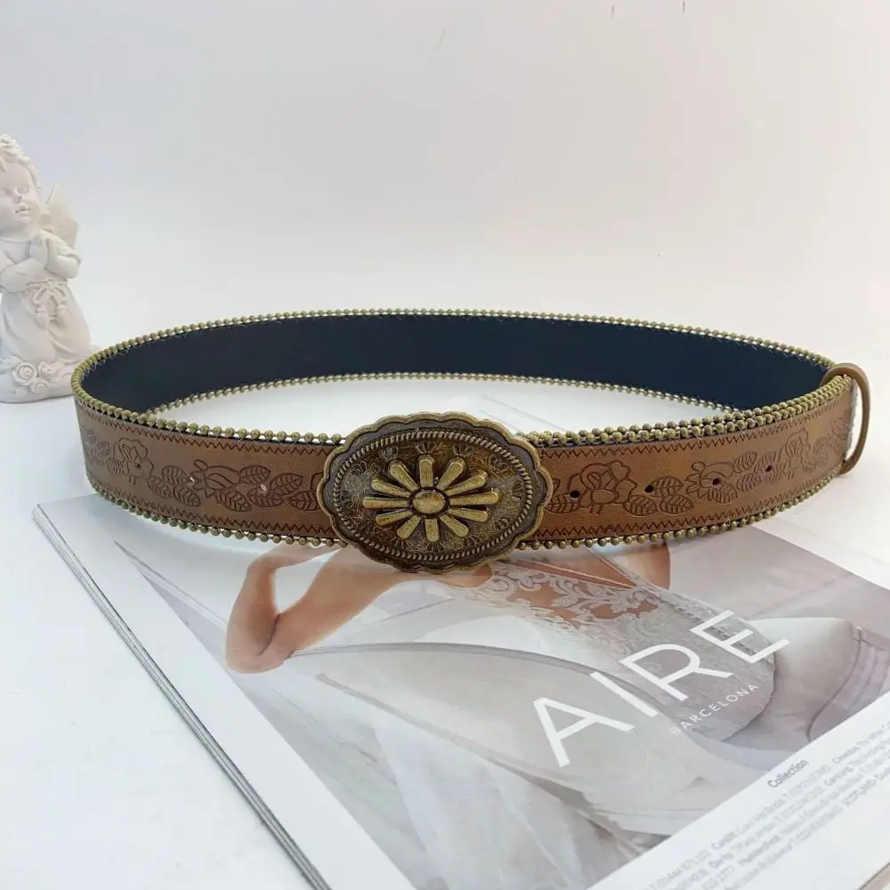 Modischer verstellbarer Damengürtel, Vintage-PU-Leder-Cowboy-Gürtel mit gravierter Schnalle, Boho-Western-Gürtel für Jeans, Hosen, Kleider – Detail 7