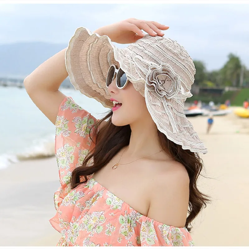 Fashion Women Hat Flower Packable Large Wide Brim Hat Anti-UV Adjustable Ladies Beach Sun Hat