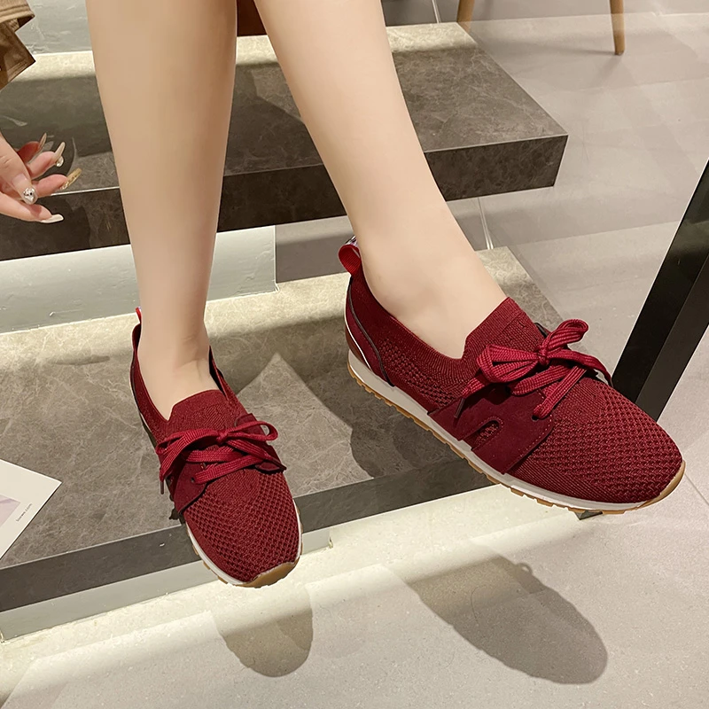 Brown Knit Breathable Sneakers Shoes Women Soft Sole Platform Flats Woman Plus Size 43 Non Slip Casual Shoes Zapatos De Mujer