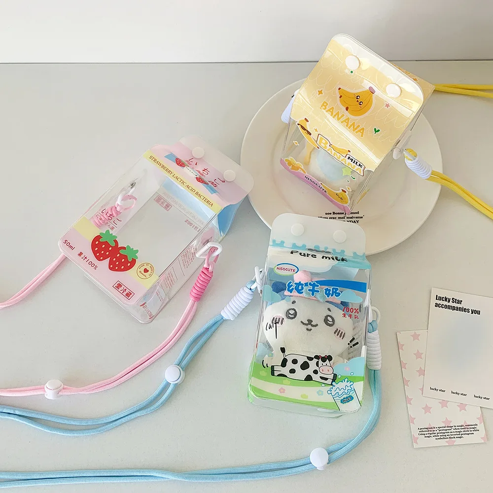 Ladies' kawaii Crossbody Bag Cartoon Cute Transparent Milk Box Funny New Shoulder Bag High-quality Doll Display PVC Storage Bag