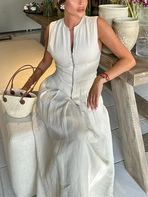 MUJER Zipper Long Dress Woman Pleated Sleeveless Bodycon Dress Summer Elegant Party Dresses For Women 2025 New Midi Dresses 2