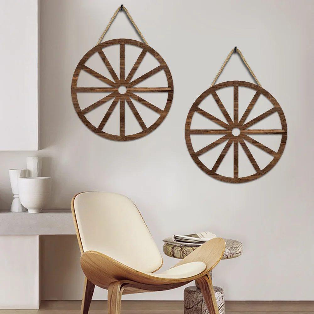 

2PC Wall Mount Retro Wooden Wheels Decoration Bar Garage Home Ornament Decoration 29X29cm