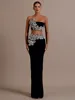 Women Sexy Strapless Flower Diamonds Crystal Black Maxi Long Bandage Skirt Set 2024 Knitted Elegant Evening Club Party Clothing 1