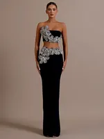 Women Sexy Strapless Flower Diamonds Crystal Black Maxi Long Bandage Skirt Set 2024 Knitted Elegant Evening Club Party Clothing 1