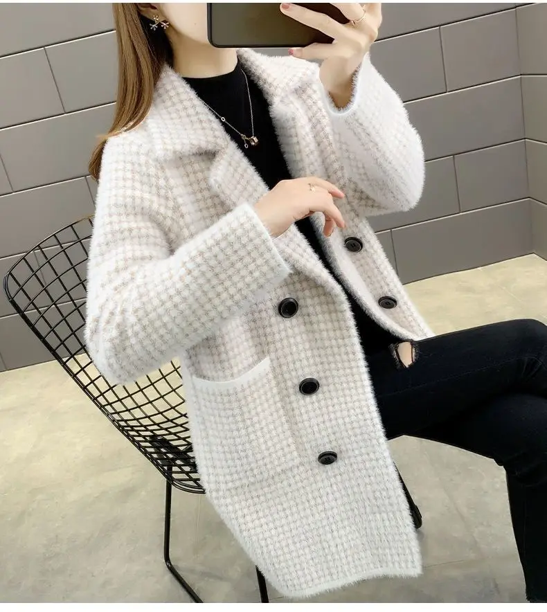 Imitation mink velvet coat women's medium long plaid coat autumn winter thick loose suit collar warm autumn winter coat