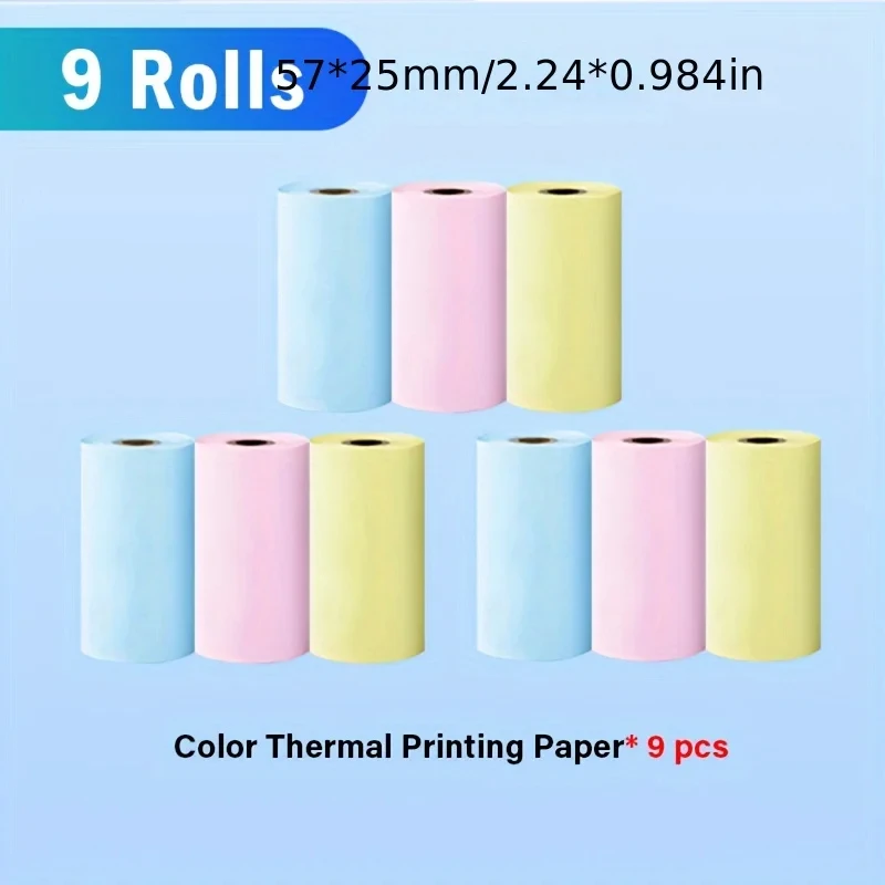 Thermal Label Sticker 9 Rolls Mini Printer Paper Colorful Adhesive Self-adhesive Paper for Wireless Photo Inkless Printer 57mm