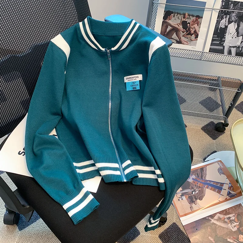 

Женский зеленый кардиган на молнии, в полоску