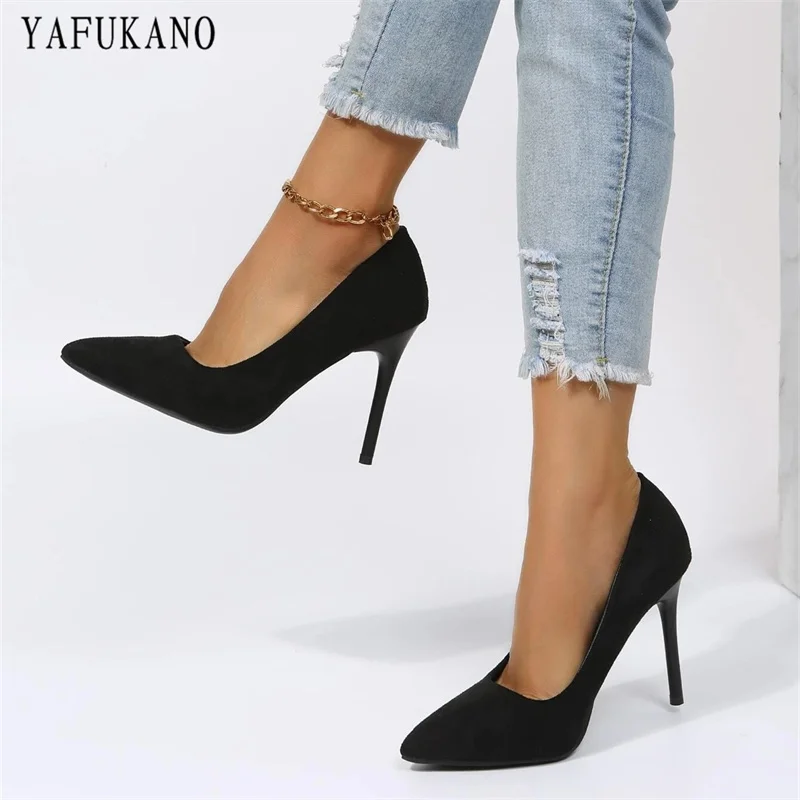 Fashion Point Toe Solid Flock Stiletto High Heels 10Cm/7Cm Sexy Women Pumps Elegant Ladies Office Work Shoes Small Size 33 5