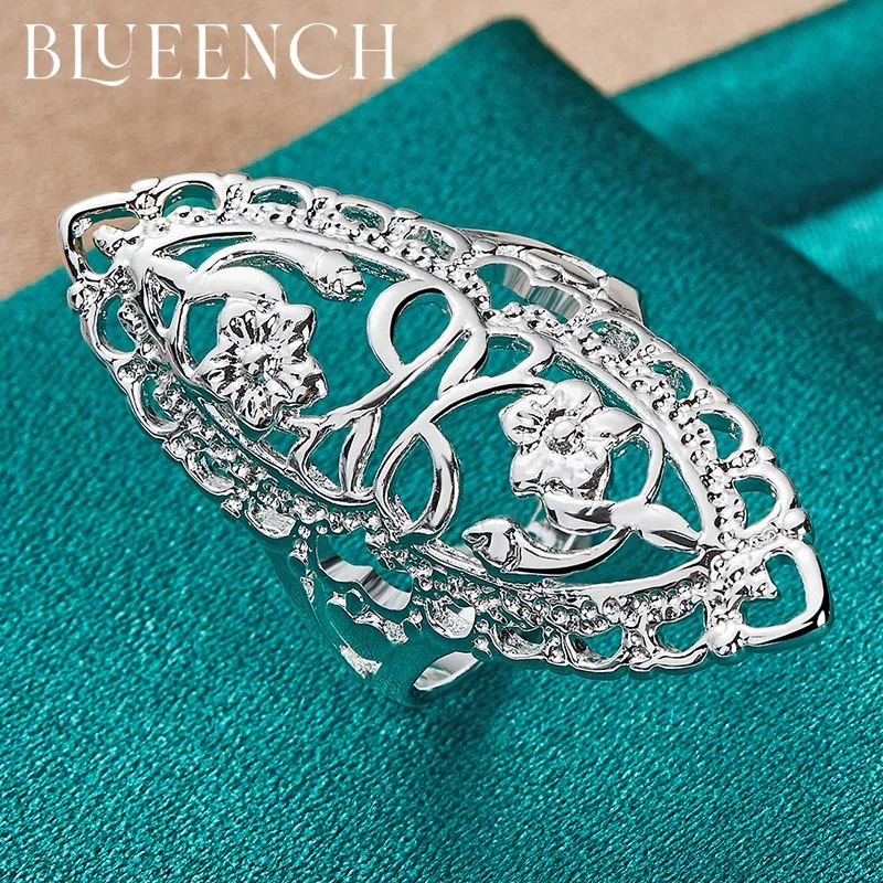 Blueench 925 Sterling Silver Bustling Wide Face Hollow Ring For Women