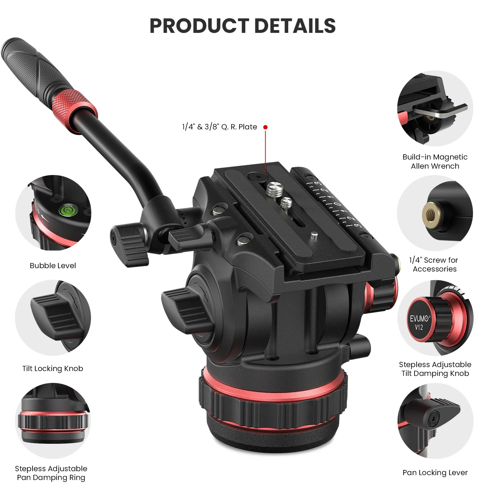 Camera Fluid Head EVUMO V12 Professional Hydraulic Fluid Video Head Load 10kg22lbs For Tripod Monopod DSLR Cameras Camcorder Big Fluid Tripod Head