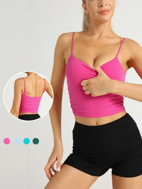 Summer Women Fashion Solid Color Suspender Tops Pleats Women Breathable Gym Push Up Workout Running Sports Yoga Clothing