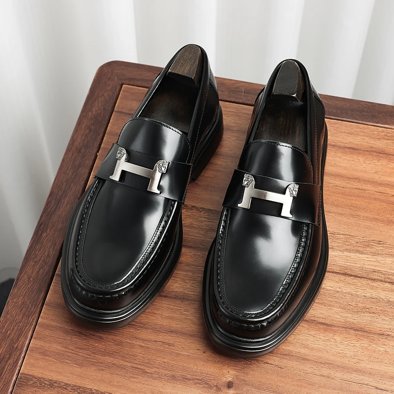 Leather shoes man, cover foot, square head, buckle, formal wedding, handmade, groom wear, European version