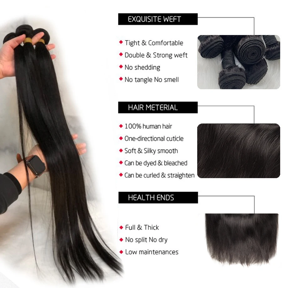 Bone Straight Human Hair Bundles 30 Inch 3/4 Pieces Brazilian Weave for Black Women Straight Remy Extensions