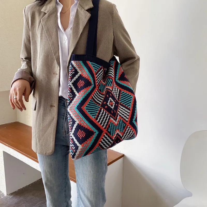 IMone Knitted Women's 2022 Autumn and Winter Boho Atmospheric Shoulder Fashionable Korean Tote Bag
