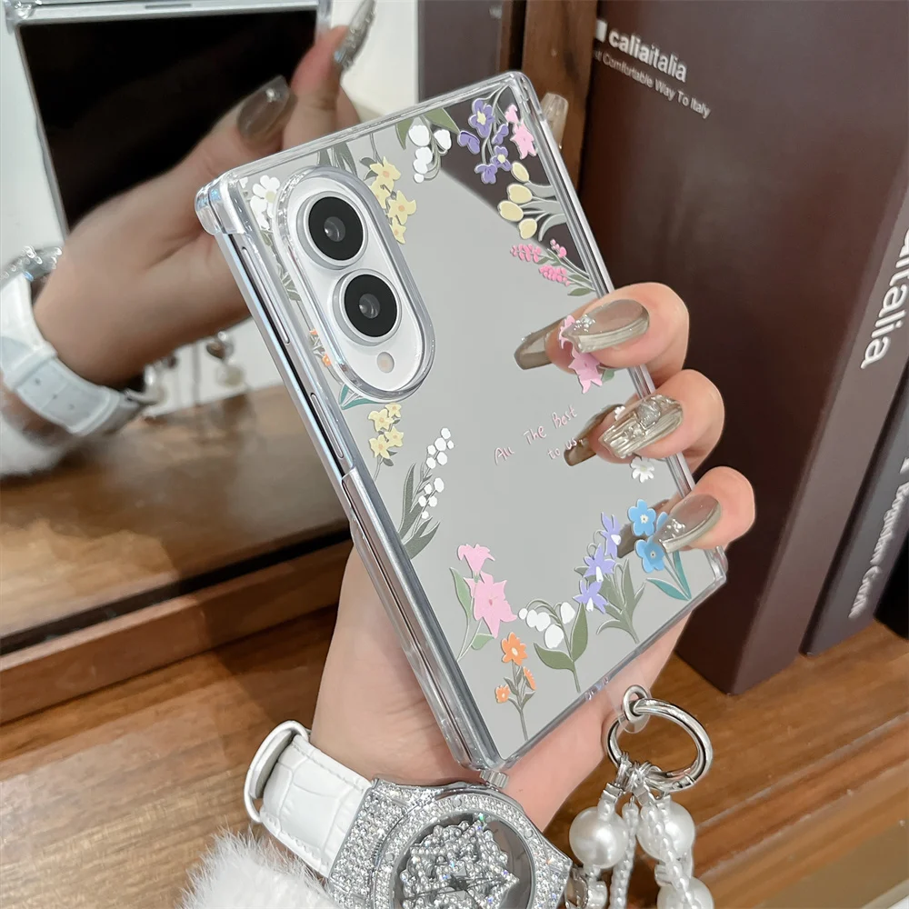 Mirror Surface Clear Phone Case with Double Pearl Bead Wrist Chain