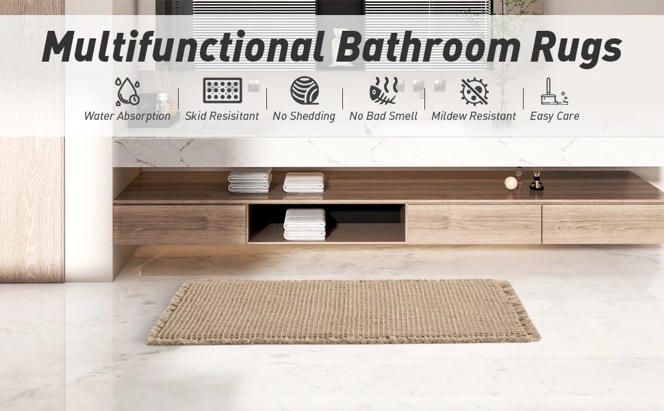 Boho waffle weave bath mat, super absorbent, non-slip, soft, quick-dry farmhouse decor.
