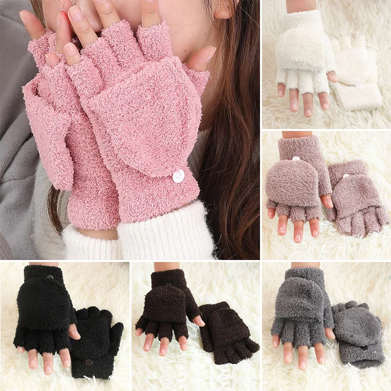 

Winter Warm Thickening Wool Gloves Knitted Flip Fingerless Exposed Finger Thick Gloves Without Fingers Mittens Glove Women 2023