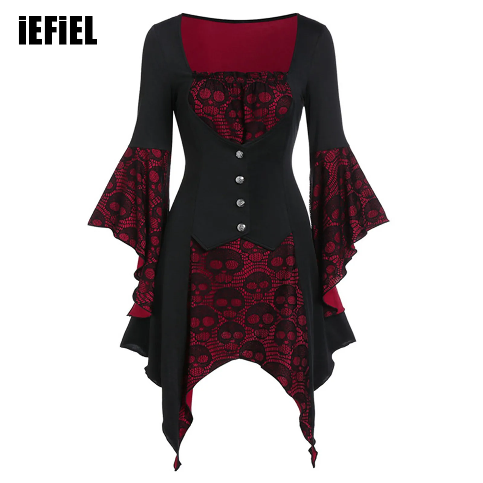 

Womens Halloween Skull Lace Vintage Dress Flared Sleeve Back Lace-Up Asymmetrical Gothic Mini Dress Medieval Renaissance Costume
