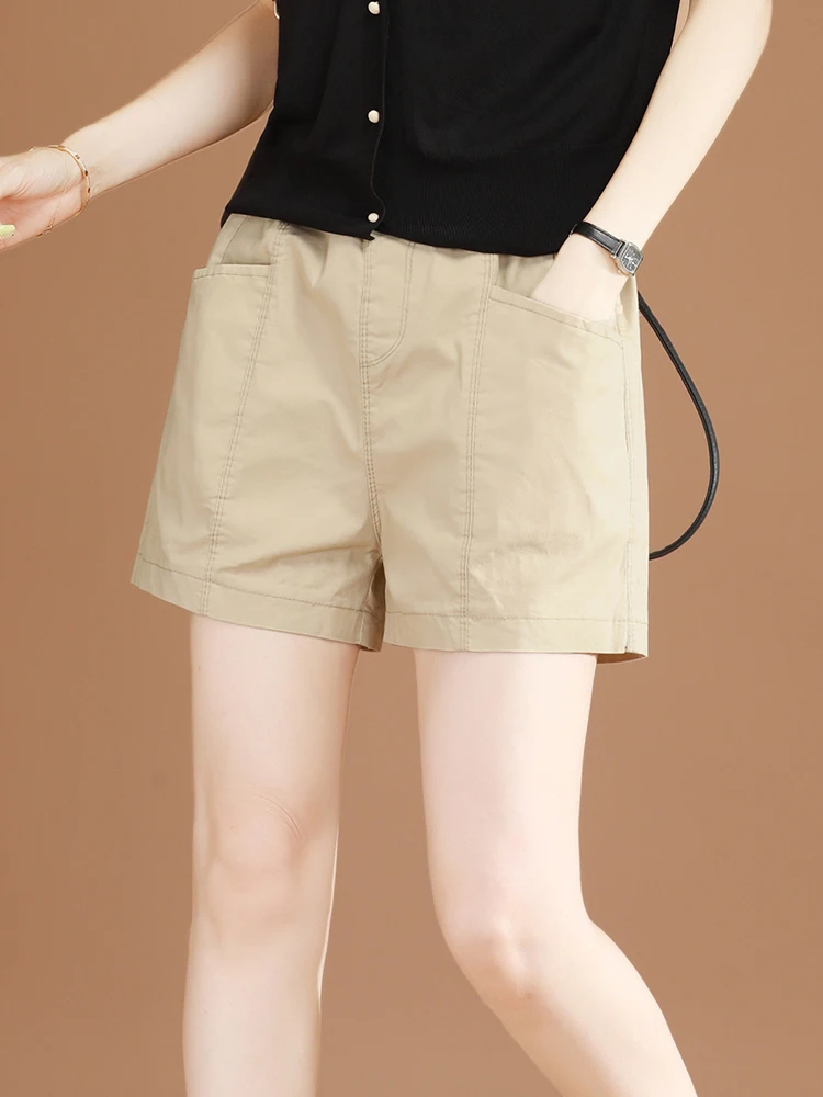

HCXR Women Shorts 2023 Summer Solid Color Large Pocket Wide Leg Short Elastic Waist Splicing Design Casual Pant