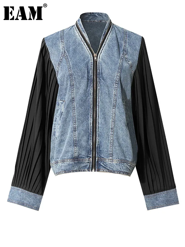 

[EAM] Black Pleated Color-block Denim Jacket New Stand Collar Long Sleeve Women Coat Fashion Tide Spring Autumn 2024 7AB3764