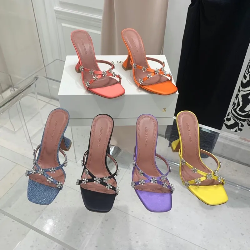 

Ladies designer brand shoes slide Amina Muaddi new leather sunflower crystal diamond women sandals sexy high-heeled slippers
