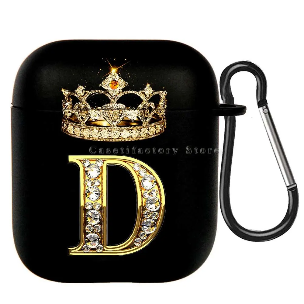 Elegant Diamond Crown Initial AirPods Case - Black Wireless Bluetooth Earphone Cover