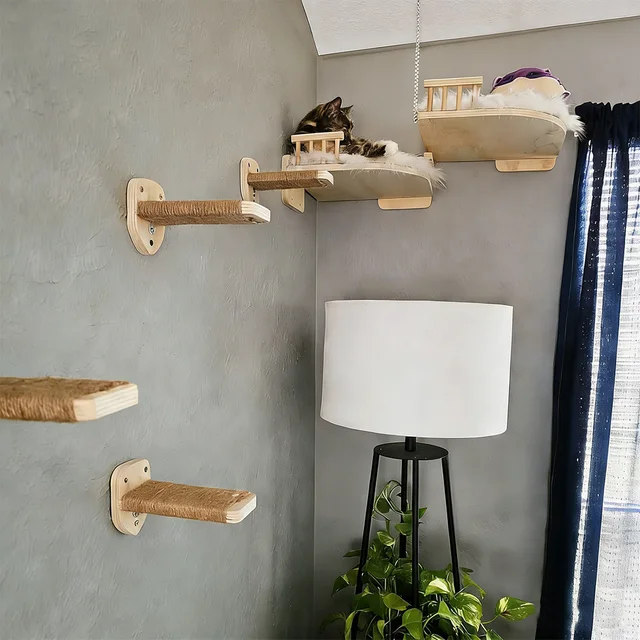 Wall Mounted Cat Wall Furniture Wooden Cat Shelves Climbing Steps & Hanging Hammock Cat Wall Perch for Indoor Cats Scratching Wall Mounted Cat Wall Furniture Wooden Cat Shelves Climbing Steps & Hanging Hammock Cat Wall Perch for Indoor Cats Scratching