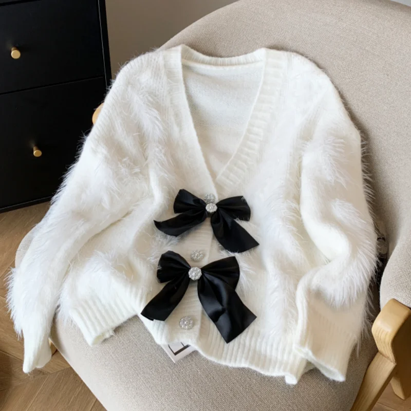 

Women White Clothing Cardigan Knitting Sweater V-neck Contrasting Colors 2024 NEW Cashmere Coat Female Bow Winter Short Tops