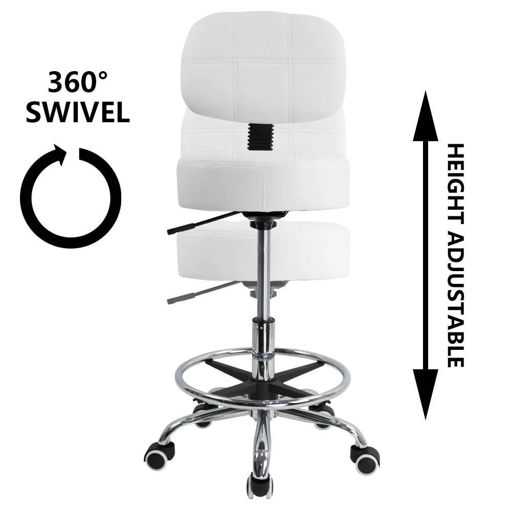 KKTONER Swivel Round Rolling Stool PU Leather with Adjustable Foot Rest Height Adjustable Task Work Drafting Chair with Back 3
