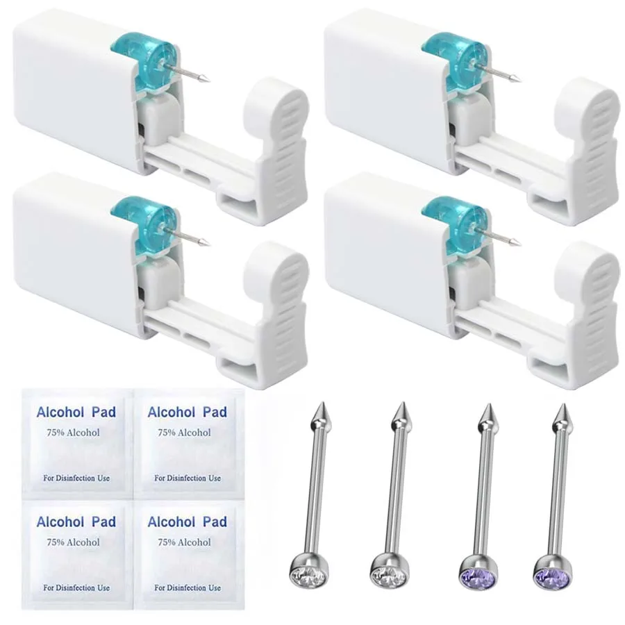 طقم ثقب الأنف المضاد للحساسية مكون من 4 قطع - مسدس ثقب الأنف القابل للتصرف مع ترصيع الأنف المدمج