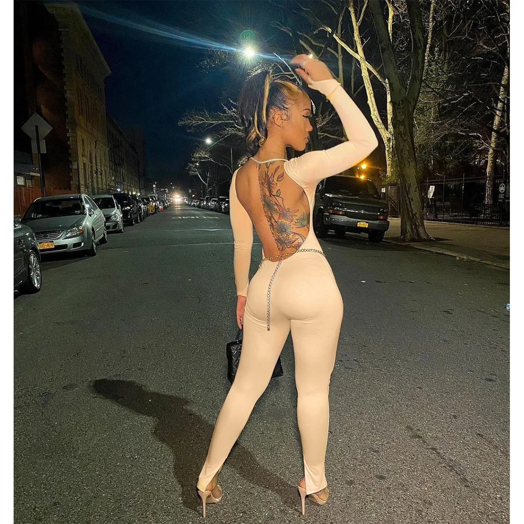 Women'S Sexy Backless Long Sleeve Skinny Jumpsuit Bodysuits Lady Casual Sport Fitness Bodycon Rompers Clubwear Overalls Jumpsuit