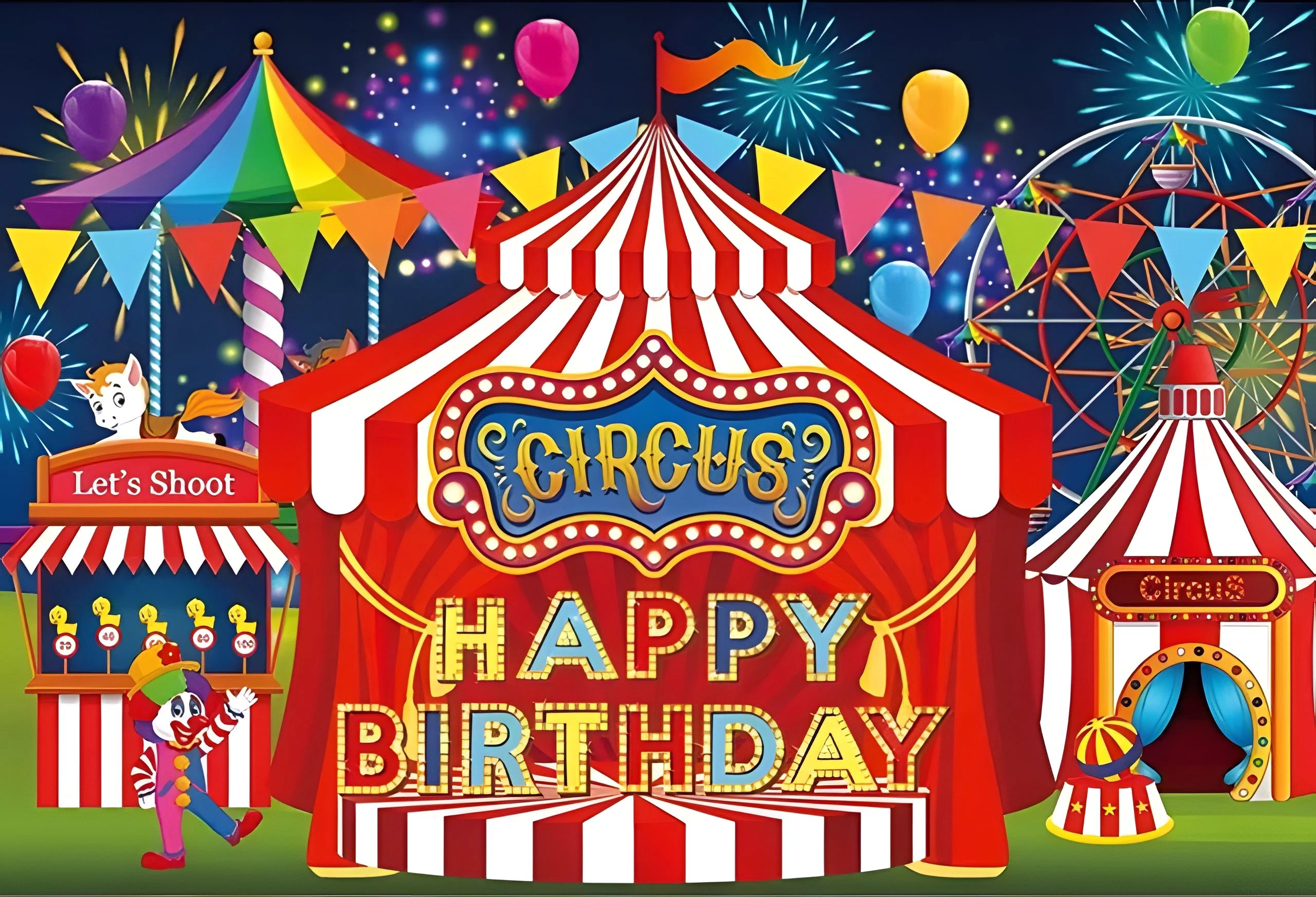 Circus Striped Balloon Ferris Wheel Carnival Light Tent Neonato Compleanno Fondale In Poliestere Sfondo Per Feste