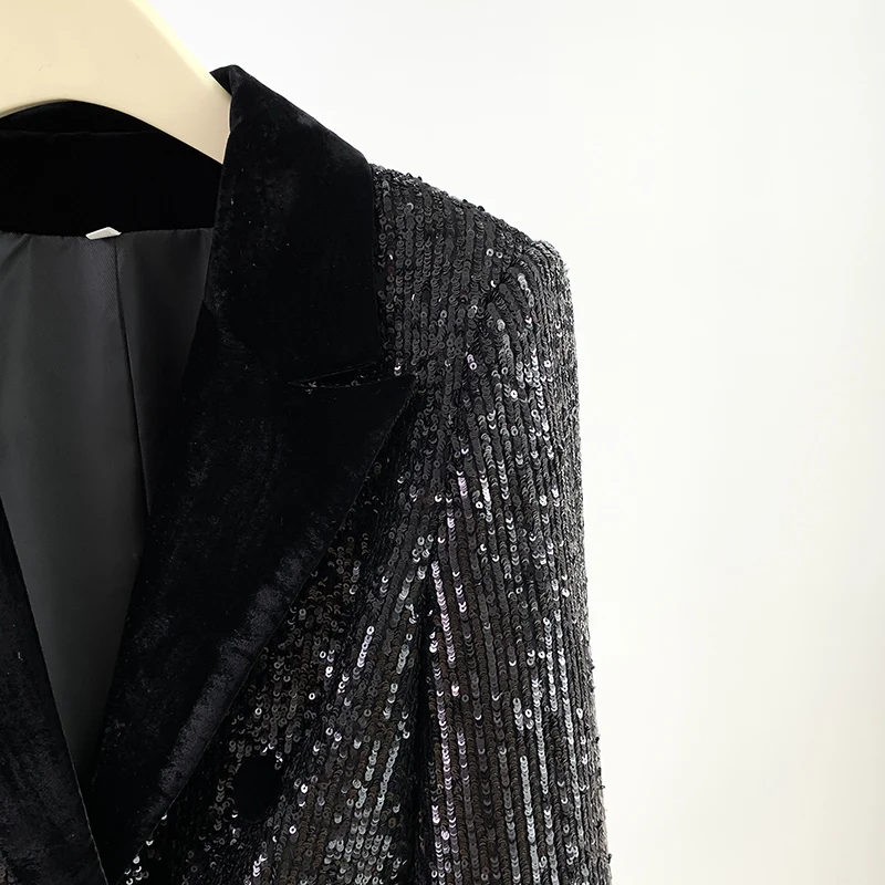 Giacca con paillettes da donna nera con paillettes da donna, ritagliata, scintillante, casual, a maniche lunghe, per carnevale, feste, affari, ufficio, abbigliamento da donna, cappotto di lana blu